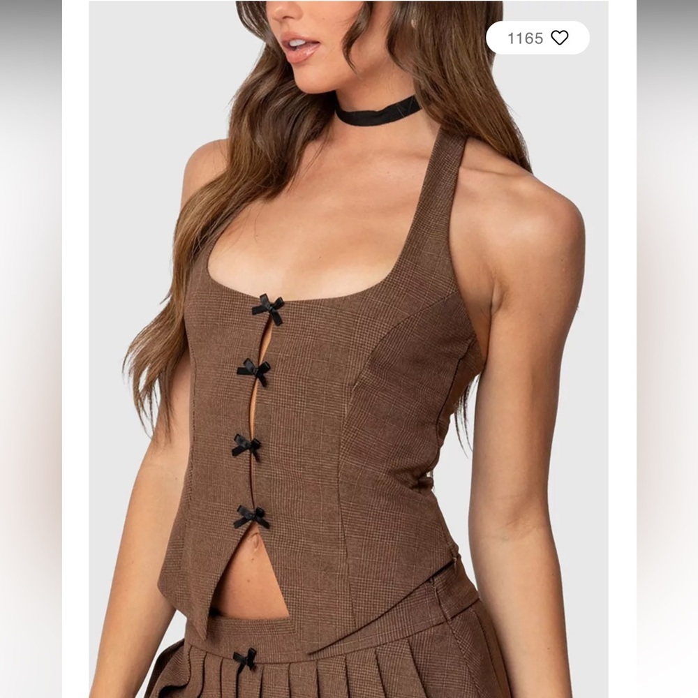 Edikted Palmer Plaid Bow Halter Top NWT